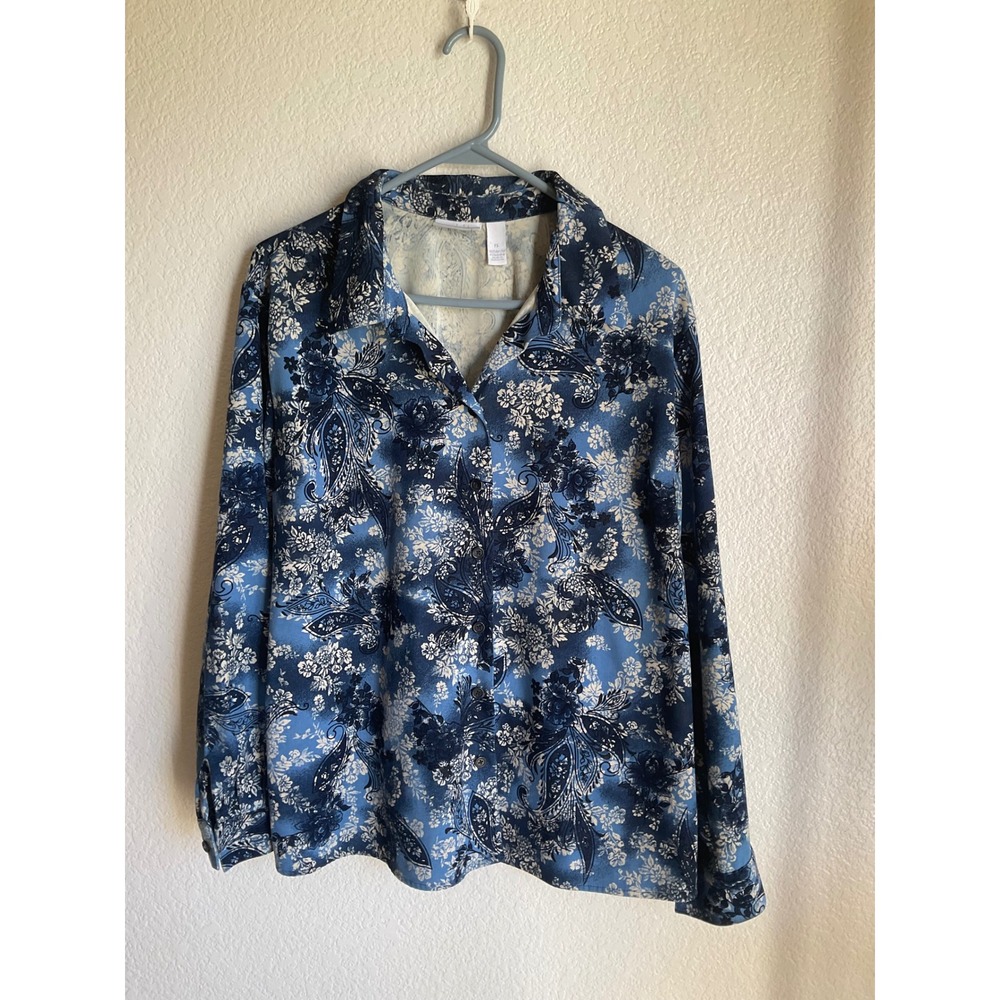 Cascade Blues Womens PL Petite Blue Floral Paisley Button Down Long Sleeve Shirt